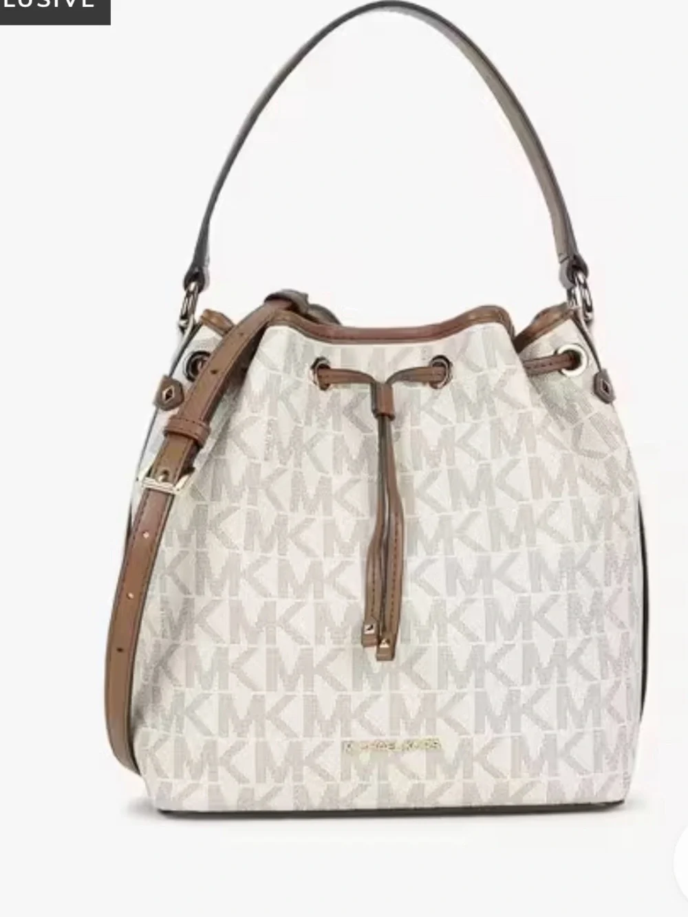 Michael Kors Cream & Brown Signature Drawstring Bucket Bag